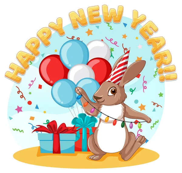Ευτυχισμένο Νέο Έτος Κείμενο Χαριτωμένο Κουνέλι Για Σχεδιασμό Banner Εικονογράφηση — Διανυσματικό Αρχείο