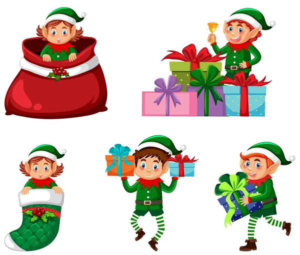 Natale Elfi Cartone Animato Set Illustrazione — Vettoriale Stock
