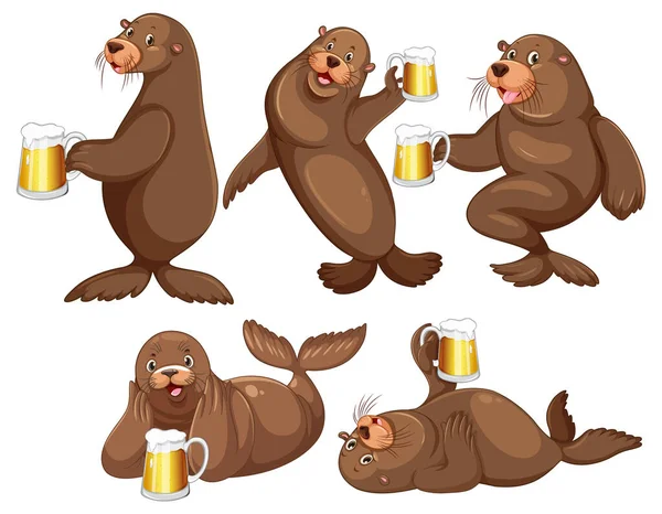 Set Different Sea Lions Cartoon Characters Illustration — Image vectorielle