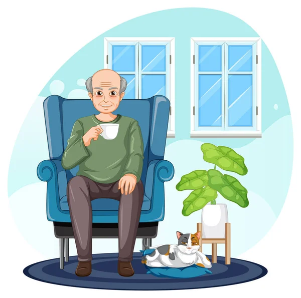 Homme Âgé Assis Sur Canapé Maison Illustration — Image vectorielle