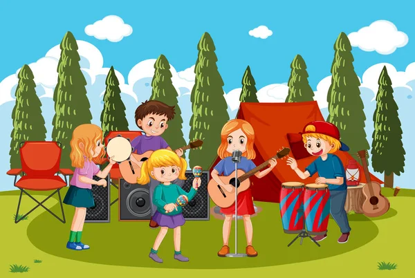 Παιδιά Που Παίζουν Μουσική Στην Απεικόνιση Του Πάρκου — Διανυσματικό Αρχείο