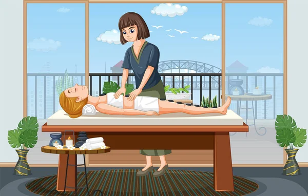 Woman Gets Stone Massage Spa Scene Illustration — Stock Vector