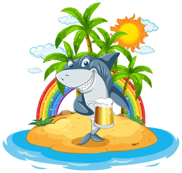 Tiburón Bebiendo Cerveza Isla Ilustración — Archivo Imágenes Vectoriales