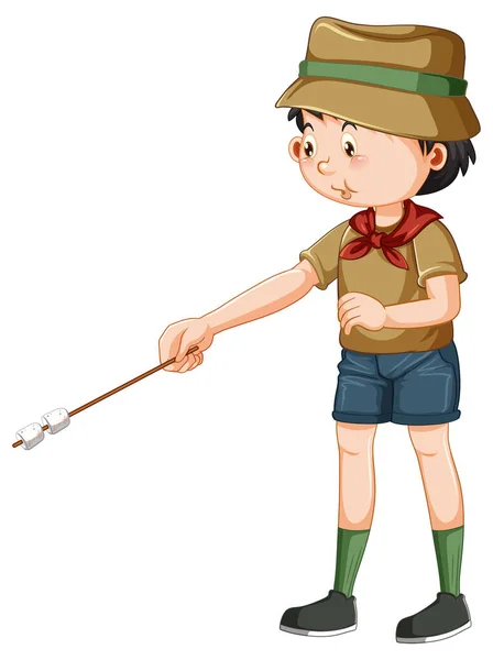 Scout Pojke Rostning Marshmallow Illustration — Stock vektor