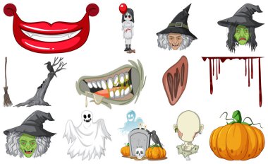 Set of horror halloween objects and cartoon characters illustration