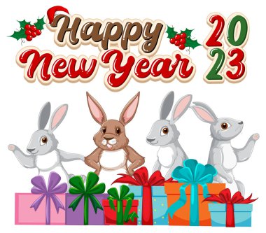 Afiş tasarımı illüstrasyonu için şirin tavşanlı Mutlu Yıllar metni