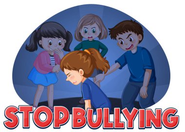 Stop Bullying text with cartoon character illustration