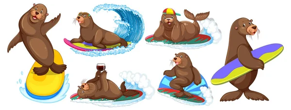 Set Different Sea Lions Cartoon Characters Illustration — ストックベクタ