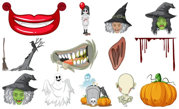 Set Horror Halloween Objects Cartoon Characters Illustration — стоковый вектор
