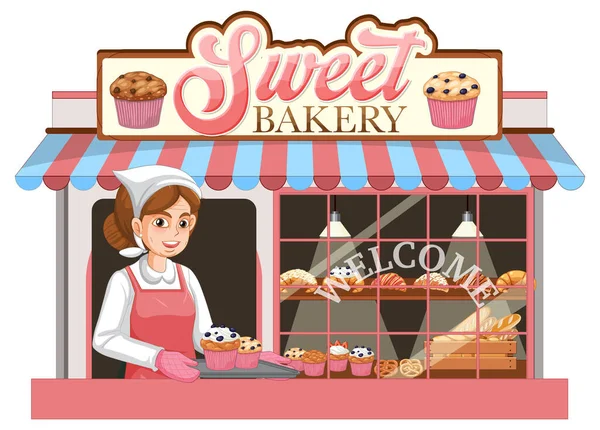Panadería Fachada Tienda Con Panadería Vendedor Ilustración — Vector de stock