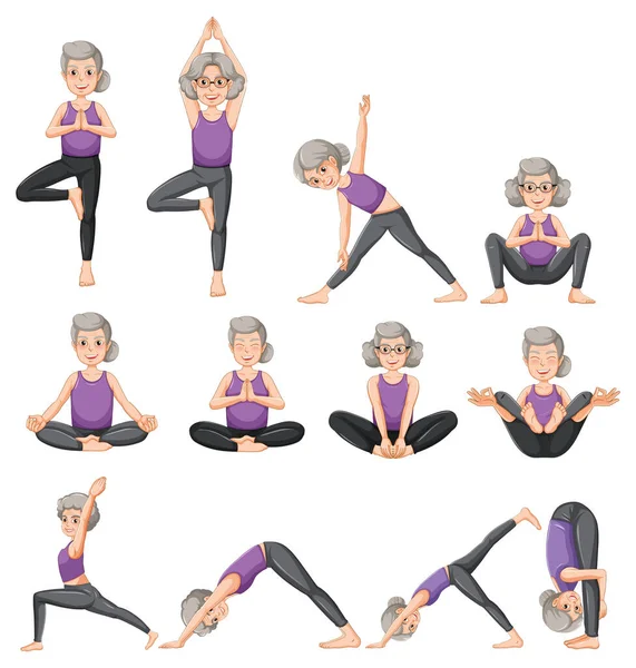 Mujer Mayor Yoga Posiciones Celulitis Ilustración — Vector de stock