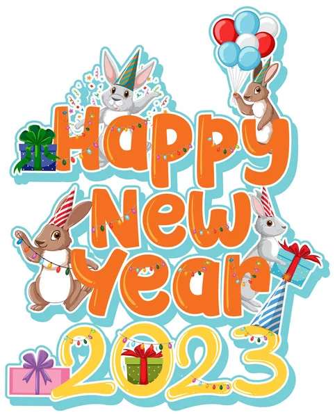 Feliz Año Nuevo Texto Con Conejo Lindo Para Ilustración Diseño — Archivo Imágenes Vectoriales