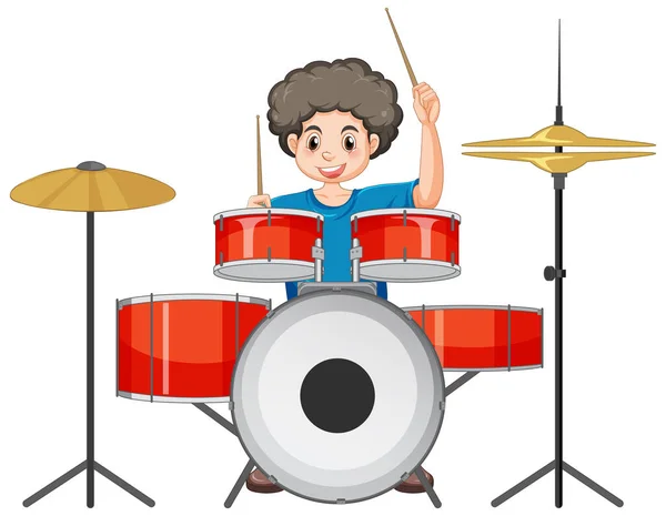 ドラム楽器のイラストを演奏する少年 — ストックベクタ