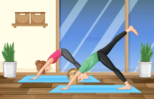Couple Faisant Yoga Maison Illustration — Image vectorielle