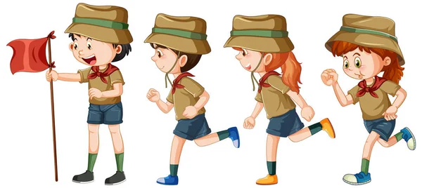 Niños Exploradores Caminando Línea Ilustración — Vector de stock
