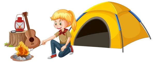 一个在白色背景图上露营的女孩 — 图库矢量图片