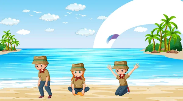 在海滩展示快乐童军 — 图库矢量图片