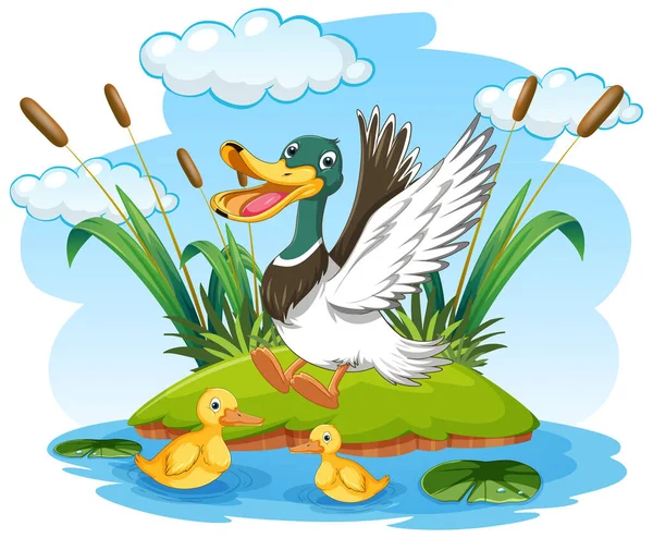 快乐鸭在大自然中的场景图解 — 图库矢量图片