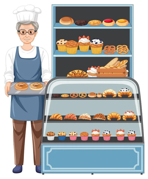 Baker Hombre Con Ilustración Exhibición Panadería — Vector de stock