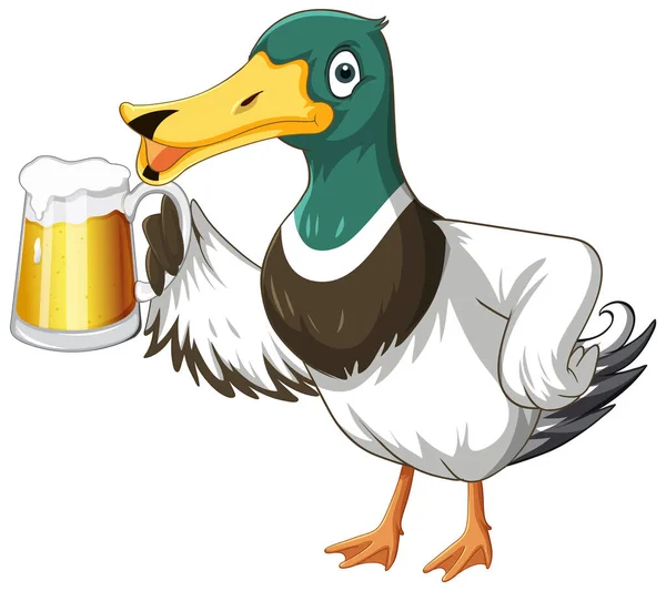 Cute Duck Cartoon Character Holding Mug Beer Illustration — Vetor de Stock