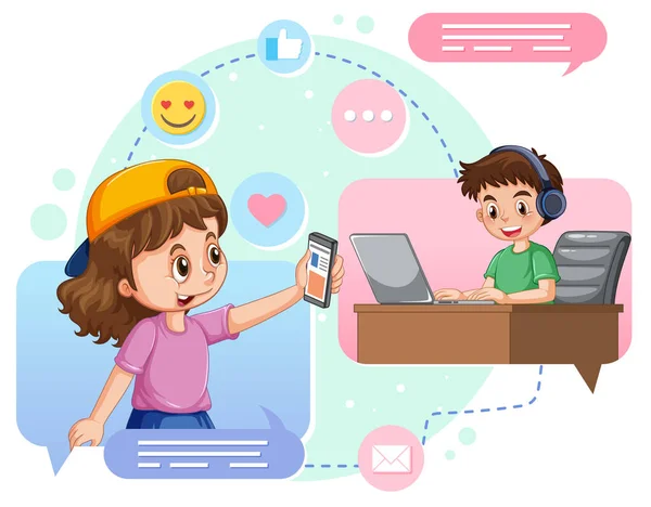 Αγόρι Και Κορίτσι Περιήγηση Στα Μέσα Κοινωνικής Δικτύωσης Εικονογράφηση — Διανυσματικό Αρχείο