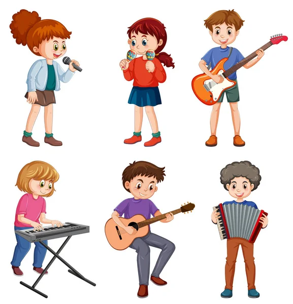 Conjunto Niños Tocando Diferentes Instrumentos Musicales Ilustración — Vector de stock