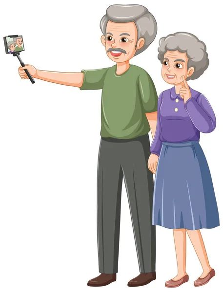 Ein Älteres Paar Cartoon Figur Macht Selfie Illustration — Stockvektor