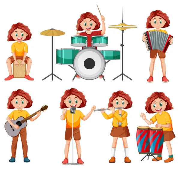 Conjunto Niños Tocando Diferentes Instrumentos Musicales Ilustración — Vector de stock