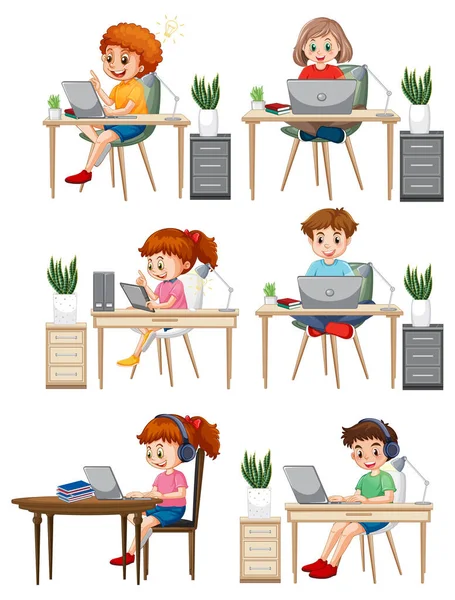 Bilgisayar Illüstrasyonu Kullanan Farklı Çocuklar — Stok Vektör