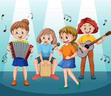 Çocuklar müzik enstrümanı vektör çizimi oynuyorlar