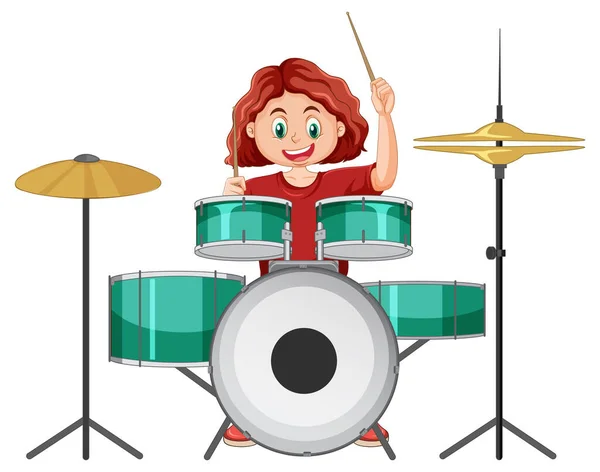 Drummer Girl Tocando Tambor Vetor Ilustração — Vetor de Stock