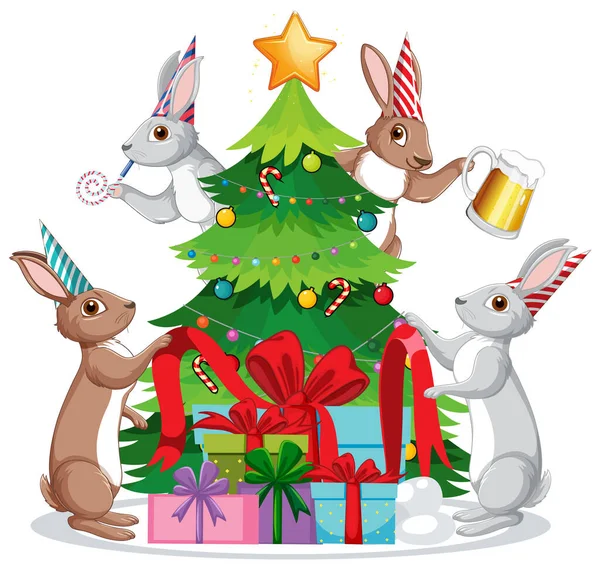 圣诞树上有可爱的兔子图解 — 图库矢量图片