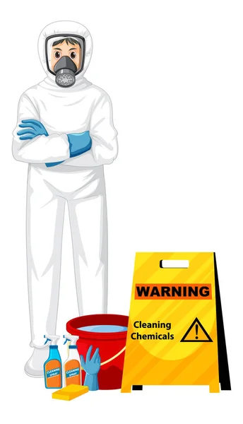Homem Fato Proteção Hazmat Com Advertência Produtos Químicos Limpeza Sinal — Vetor de Stock