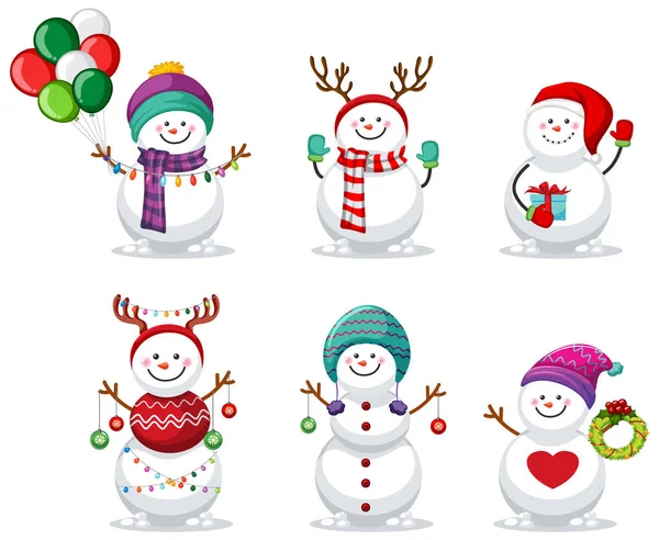 Vánoční Sněhulák Kreslený Znak Sada Ilustrace — Stockový vektor