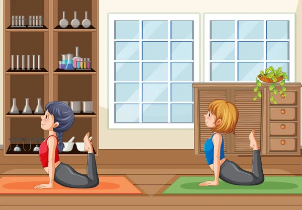 Femmes Faisant Yoga Maison Illustration — Image vectorielle