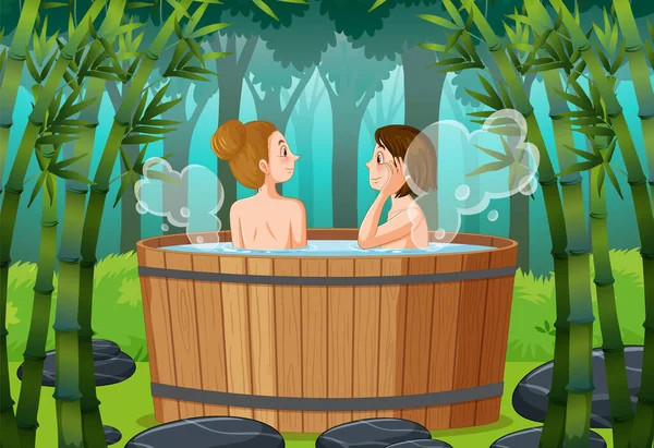 Femmes Dans Bain Remous Spa Dans Forêt Illustration — Image vectorielle