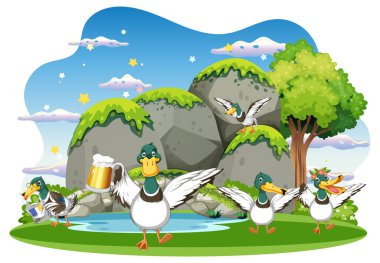Happy duck group in nature scene illustration