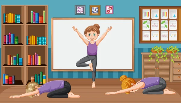 People Doing Yoga Yoga Studio Scene Illustration — Stock Vector