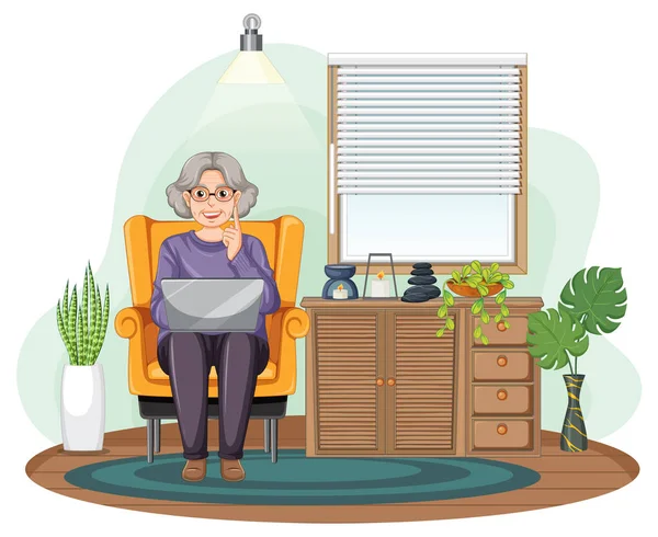 Senior Woman Using Laptop Home Illustration — Stock Vector