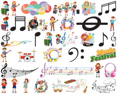 Kids musical instruments and music symbols set illustration clipart