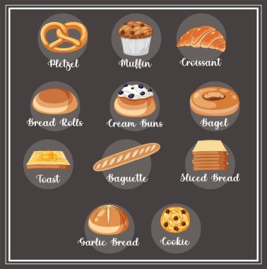 İsim illüstrasyonlu farklı ekmek türleri