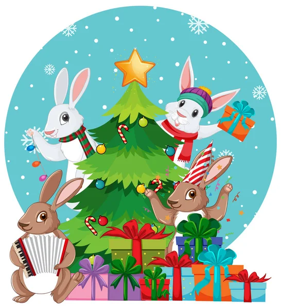 Albero Natale Con Illustrazione Coniglio — Vettoriale Stock