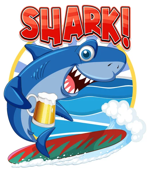 Cute Shark Surfing Cartoon Holding Beer Illustration — Stock Vector