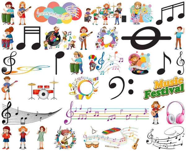 Crianças Instrumentos Musicais Símbolos Musicais Conjunto Ilustração — Vetor de Stock
