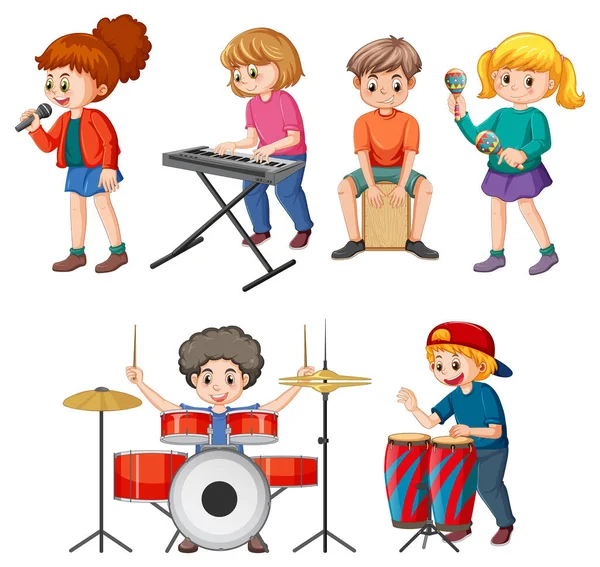 Ensemble Enfants Jouant Différentes Illustrations Instruments Musique — Image vectorielle