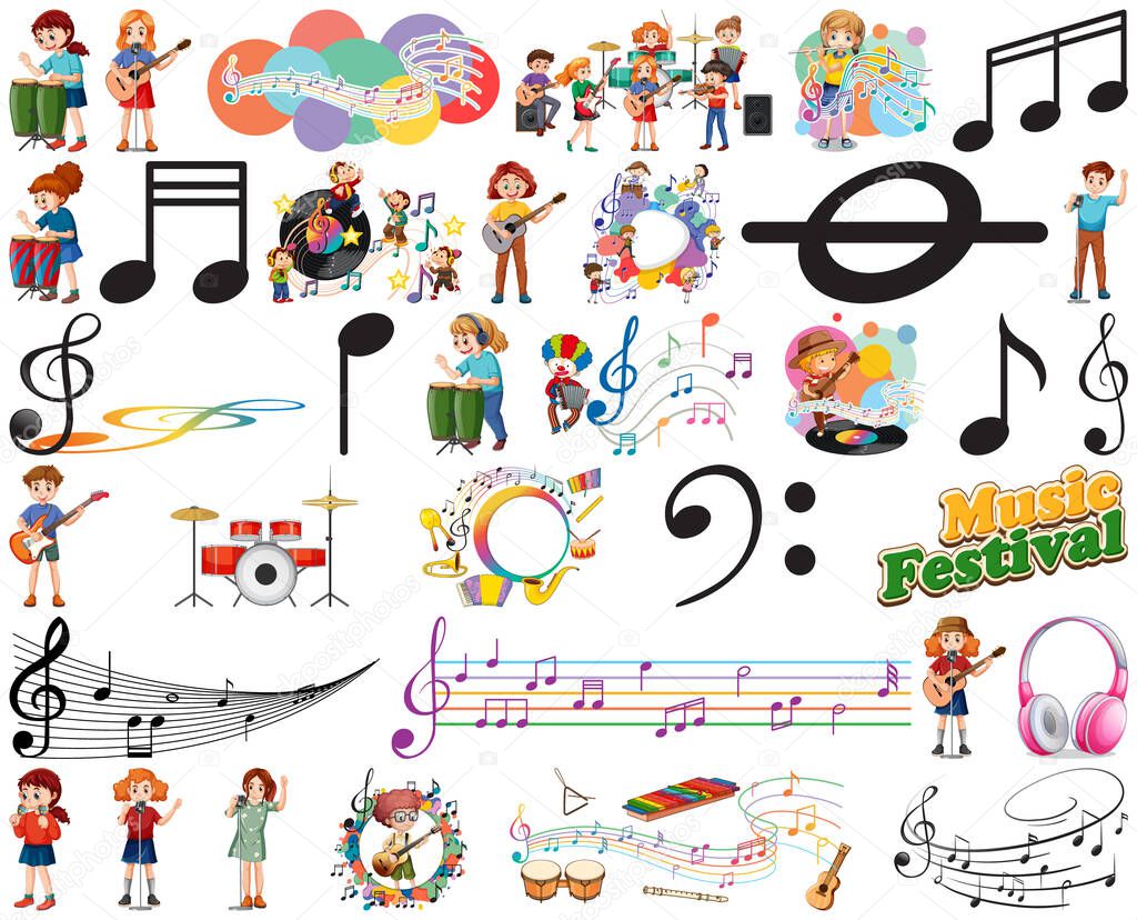 Kids musical instruments and music symbols set illustration
