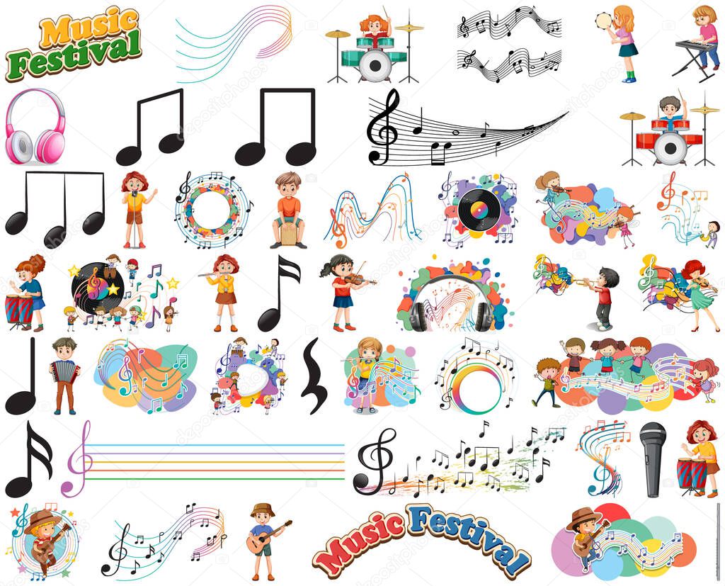 Kids musical instruments and music symbols set illustration