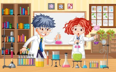 Bilim adamı çocukların çizdiği laboratuvar sahnesi
