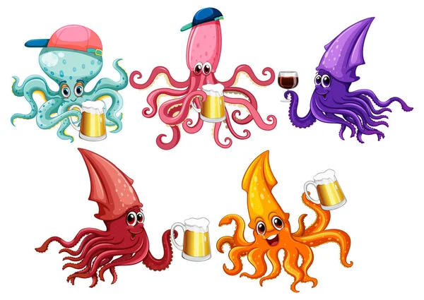 Squid Χαρακτήρες Κινουμένων Σχεδίων Που Εικονογράφηση — Διανυσματικό Αρχείο