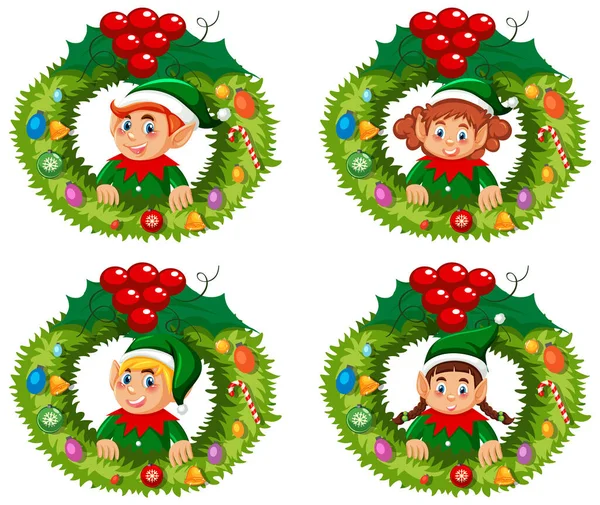 Elfo Ghirlanda Natale Set Illustrazione — Vettoriale Stock